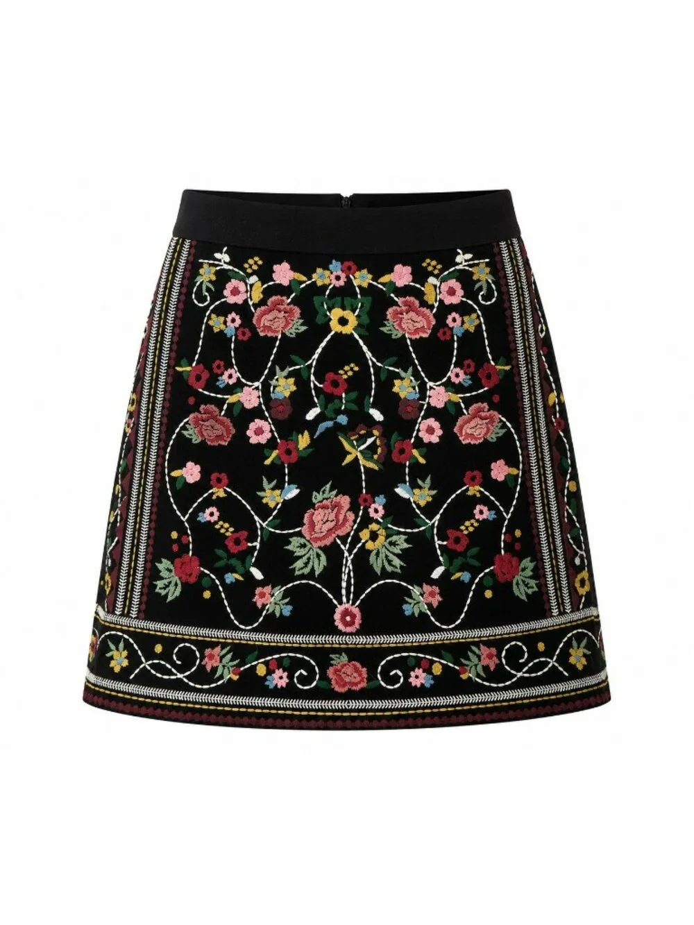 Braeve Floral Embroidered Black Mini Skirt With Side Zipper Womens Small